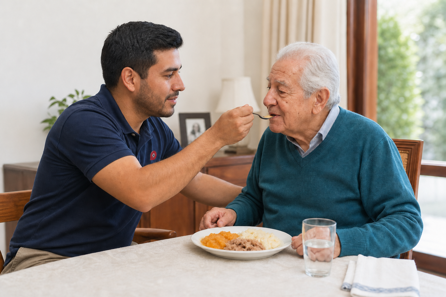 Cuidador ayudando a un adulto mayor durante la comida