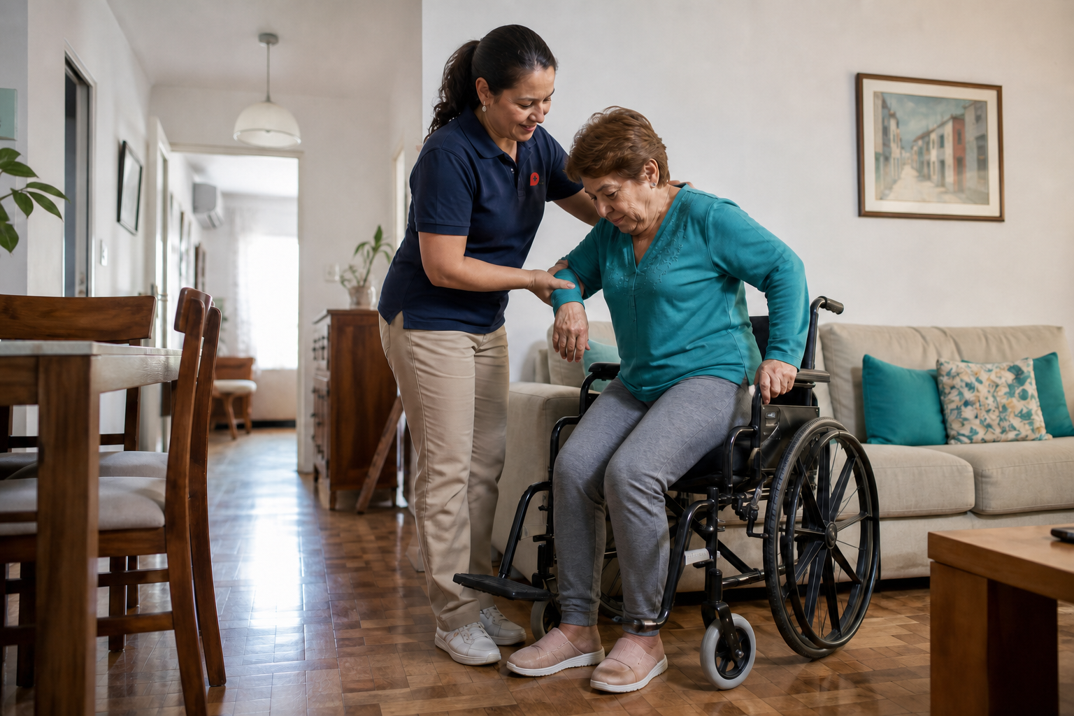 Cuidadora asistiendo a una adulta mayor con silla de ruedas
